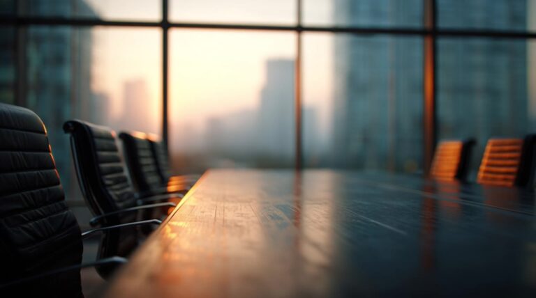 Boardroom overlooking a city skyline at dawn