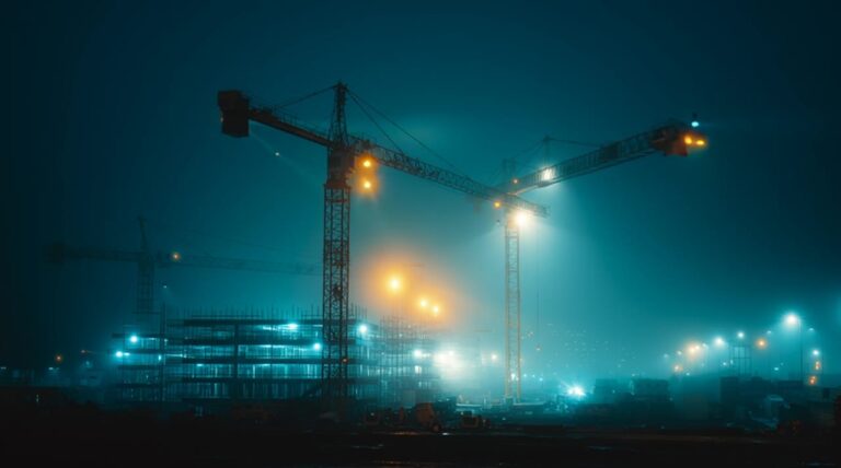 Large industrial construction project at dusk